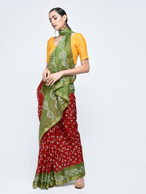 zari bordered bandhani saree with blouse - 15606525 - Very Small Image - 1