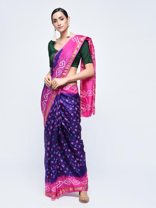 zari bordered bandhani saree with blouse - 15606527 - Very Small Image - 1