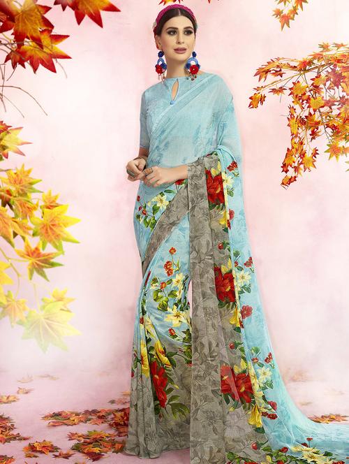 floral printed saree with blouse - 15606600 - Very Small Image - 1