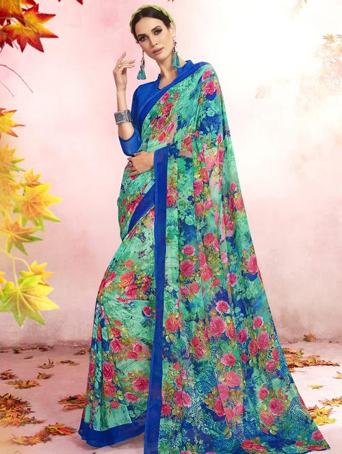 floral printed saree with blouse - 15606601 - Very Small Image - 1