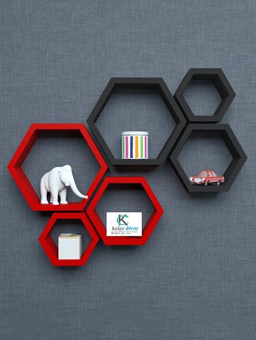 kings decor six plus hexagon shape storage wall shelves set-6 - black-red - 15606770 - Very Small Image - 1