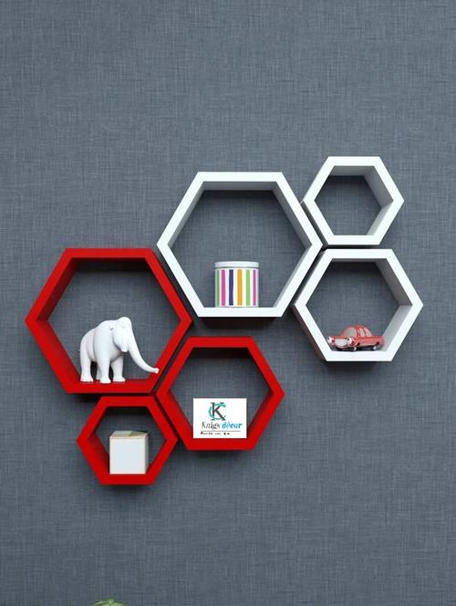 hexagon shape storage wall shelves set-6 - red - white - 15606778 - Very Small Image - 1