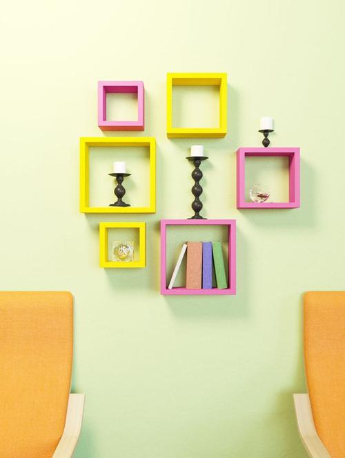 square with d��cor your home wooden wall shelf set 6 - pink - yellow - 15606795 - Very Small Image - 1