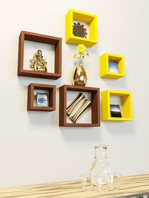 square with d��cor your home wooden wall shelf set 6 - yellow - brown - 15606803 - Very Small Image - 1