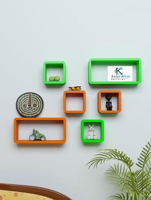 wall shelf set of 4 cube & 2 rectangle wall rack shelves - green - orange - 15606817 - Very Small Image - 1