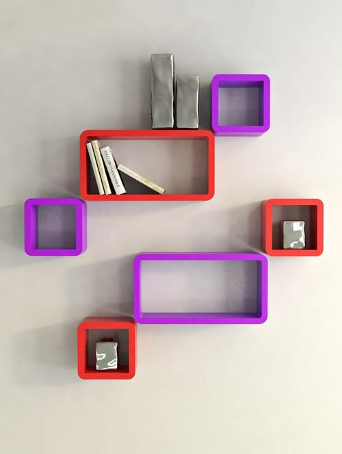 wall shelf set of 4 cube & 2 rectangle wall rack shelves - black - red - 15606828 - Very Small Image - 1