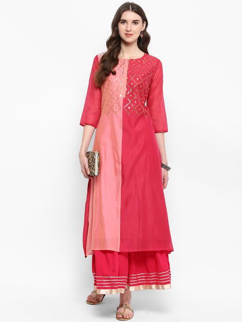 embroidered color block kurta with palazzo set - 15606873 - Very Small Image - 1