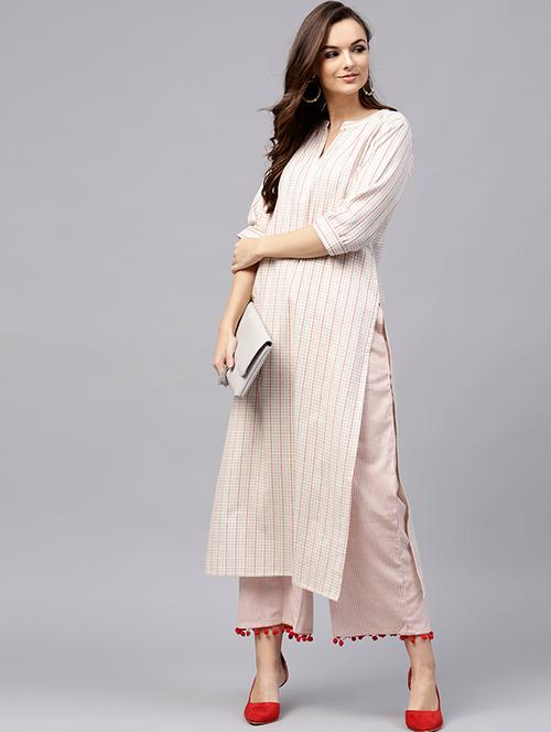 checks kurta with pom pom detail palazzo set - 15606880 - Very Small Image - 1