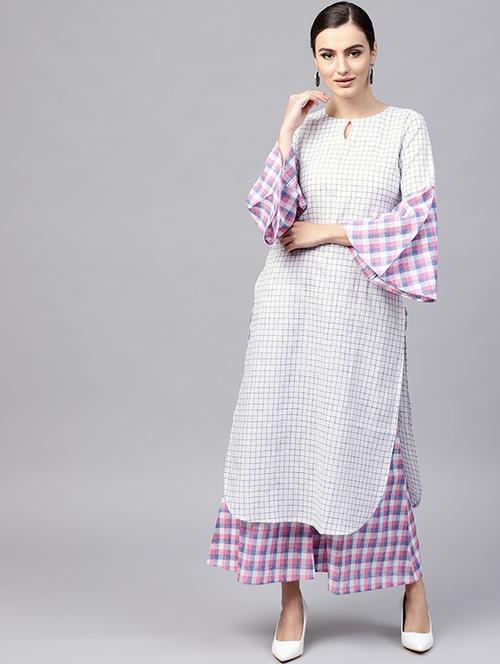 checkered bell sleeved kurta with palazzo set - 15606889 - Very Small Image - 1