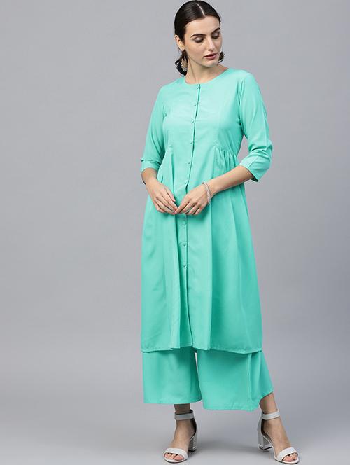 solid front open kurta with palazzo set - 15606896 - Very Small Image - 1