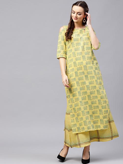 cold shoulder printed kurta with palazzo set - 15606898 - Very Small Image - 1