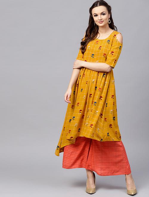 floral high-low kurta with palazzo set - 15606901 - Very Small Image - 1