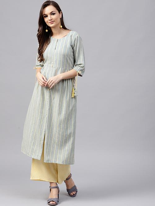 stripes button detail drawstring kurta with palazzo set - 15606903 - Very Small Image - 1