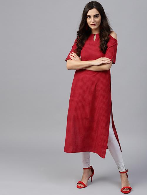 checks cold shoulder straight kurta - 15606909 - Very Small Image - 1