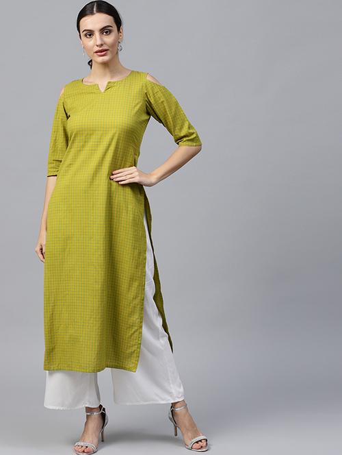 checks cold shoulder straight kurta - 15606910 - Very Small Image - 1