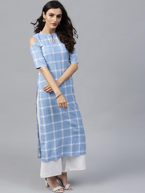 checkered cold shoulder straight kurta - 15606915 - Very Small Image - 1