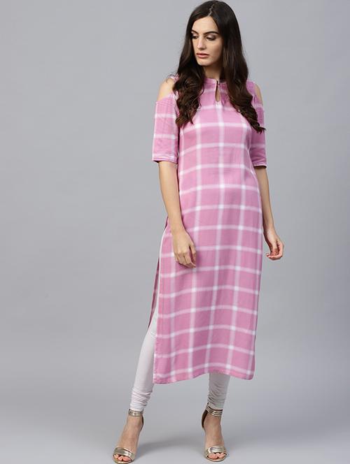 checkered cold shoulder straight kurta - 15606916 - Very Small Image - 1
