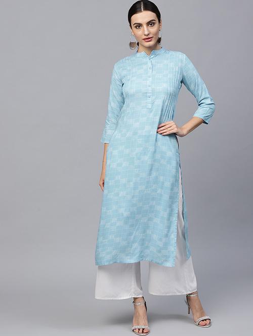 checkered straight pintucks kurta - 15606923 - Very Small Image - 1