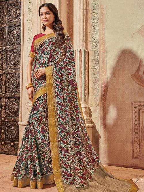 contrast bordered printed saree - 15607270 - Very Small Image - 1