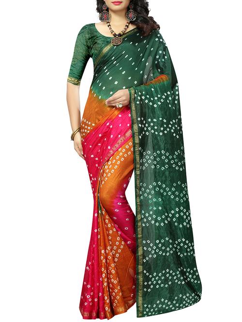 zari bordered bandhani saree with blouse - 15607563 - Very Small Image - 1
