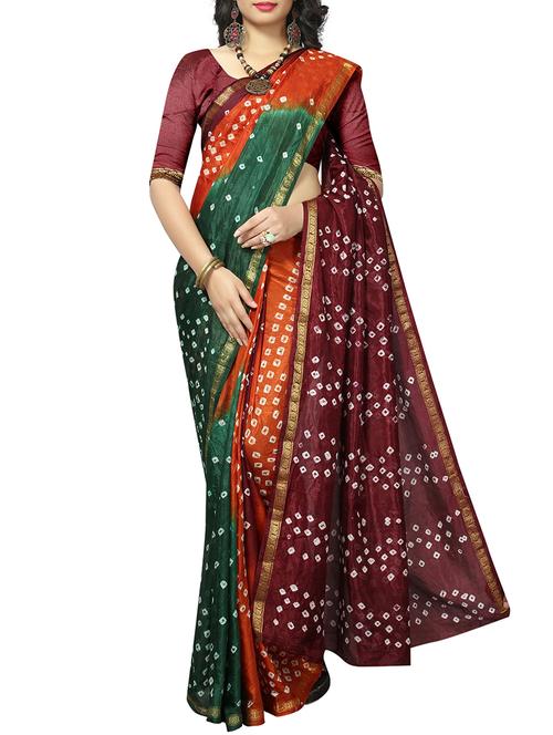 zari bordered bandhani saree with blouse - 15607565 - Very Small Image - 1
