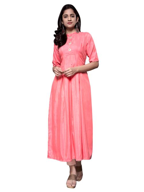 baby pink satin a-line solid pastel kurta - 15607859 - Very Small Image - 1