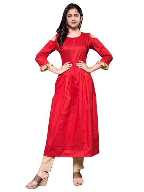 candy red chanderi cold shoulder kurta - 15607862 - Very Small Image - 1