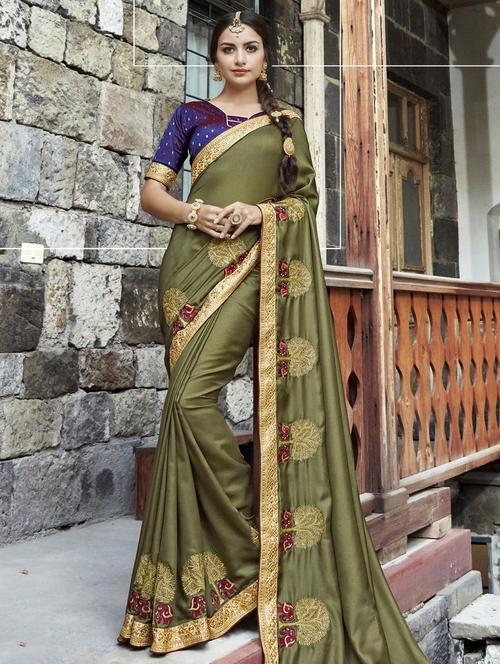 olive green bordered saree with blouse - 15608423 - Very Small Image - 1