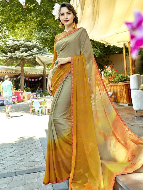 contrast bordered printed saree with blouse - 15608432 - Very Small Image - 1