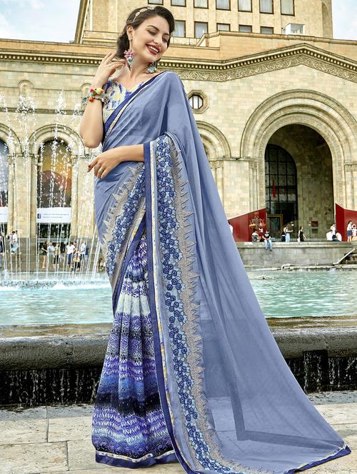 embellished bordered printed saree with blouse - 15608450 - Very Small Image - 1