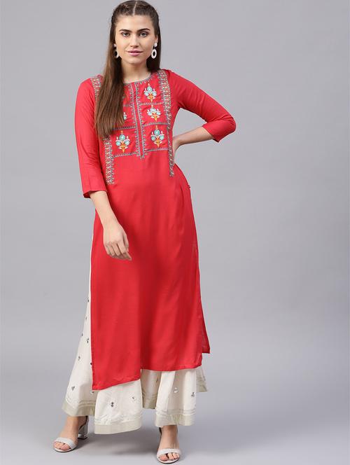 coral embroidered straight kurta - 15608472 - Very Small Image - 1