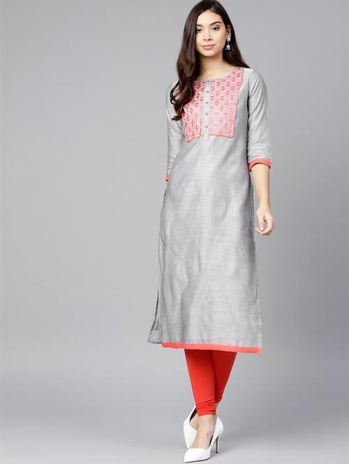 embroidered yoke straight kurta - 15608480 - Very Small Image - 1