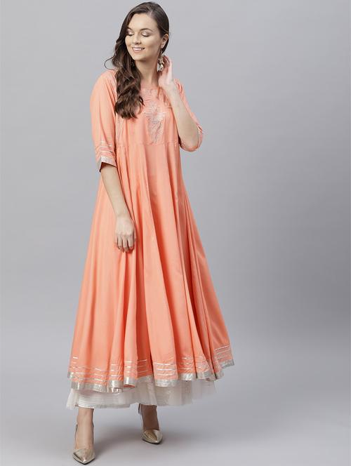 embroidered flared peach kurta - 15608487 - Very Small Image - 1