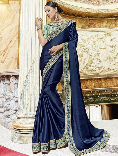 midnight blue bordered saree with blouse - 15608824 - Very Small Image - 1