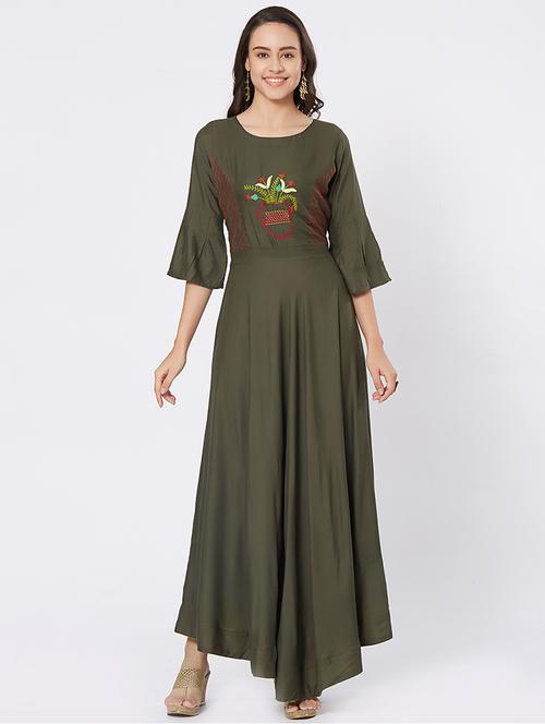 olive embroidered flared dress - 15609736 - Very Small Image - 1