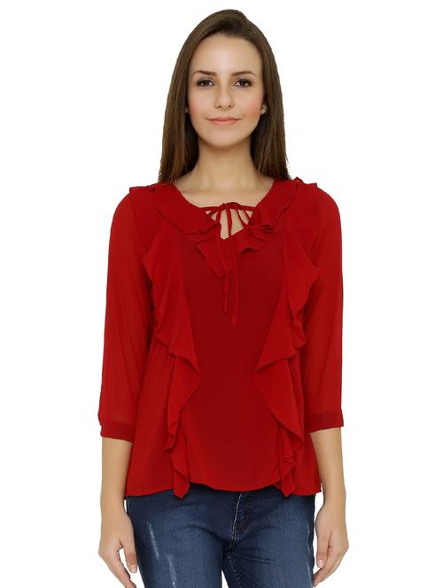 v-neck tie up detail ruffle top - 15610297 - Very Small Image - 1