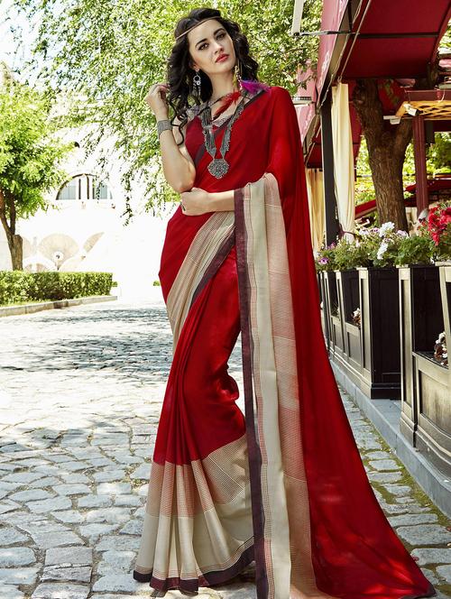 cherry red bordered saree with blouse - 15611510 - Very Small Image - 1