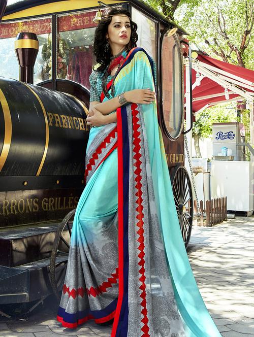 contrast bordered saree with blouse - 15611511 - Very Small Image - 1
