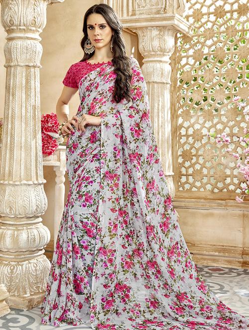 floral printed saree with blouse - 15611522 - Very Small Image - 1