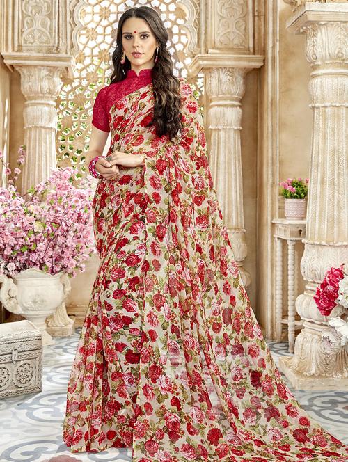 floral printed saree with blouse - 15611526 - Very Small Image - 1