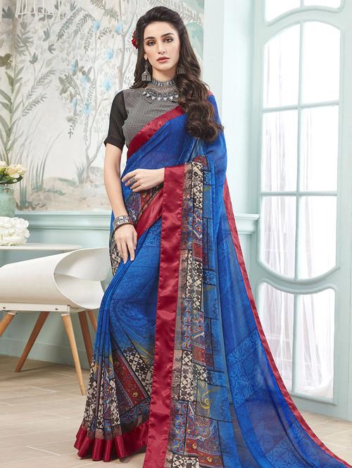 contrast bordered printed saree with blouse - 15611529 - Very Small Image - 1