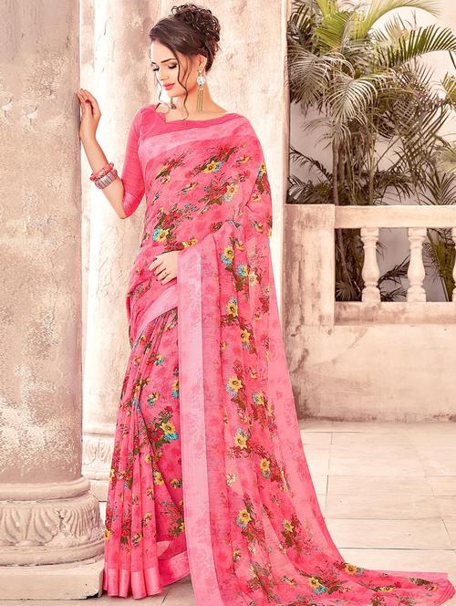 linen floral printed saree with blouse - 15611732 - Very Small Image - 1
