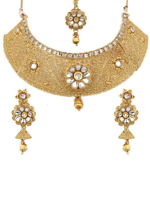 gold tone necklace, earrings & maangteeka set - 15612521 - Very Small Image - 1