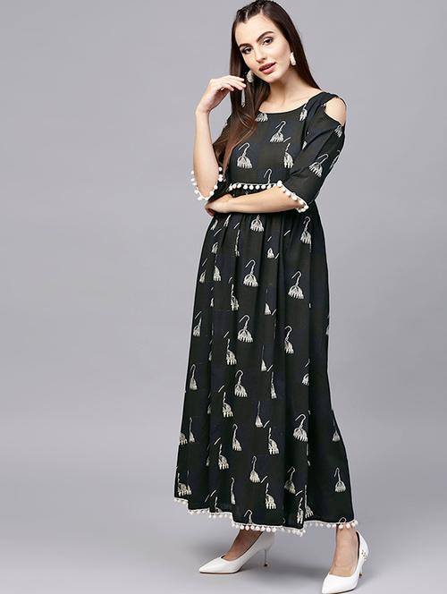 flared cold shoulder dress with tassels - 15614267 - Very Small Image - 1