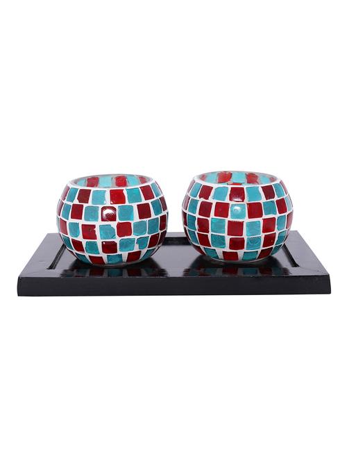 hand crafted glass votives with wooden tray - 15614352 - Very Small Image - 1