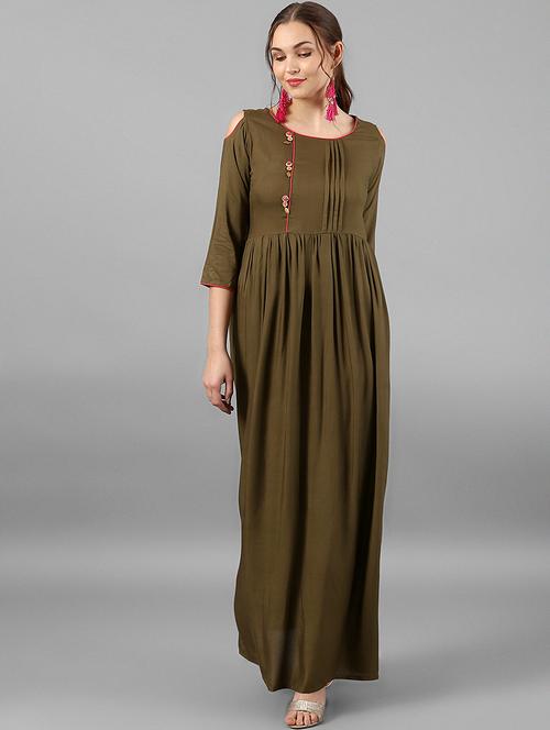 olive flared cold shoulder dress - 15614661 - Very Small Image - 1