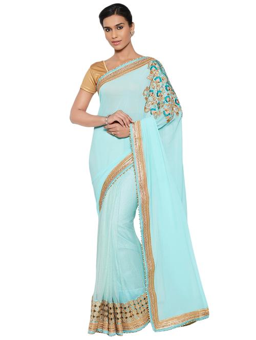 floral patchwork embroidered saree with blouse - 15615227 - Very Small Image - 1