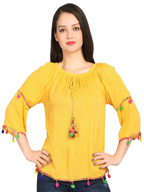 gathered neck pom pom detail top - 15615539 - Very Small Image - 1