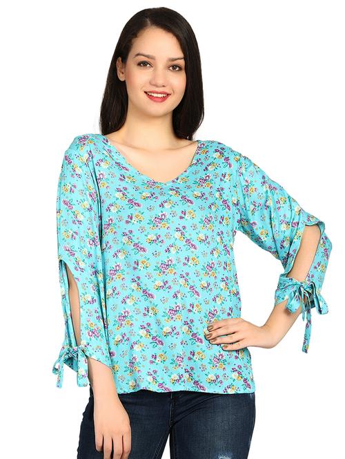 side tie up sleeved ditsy floral top - 15615541 - Very Small Image - 1