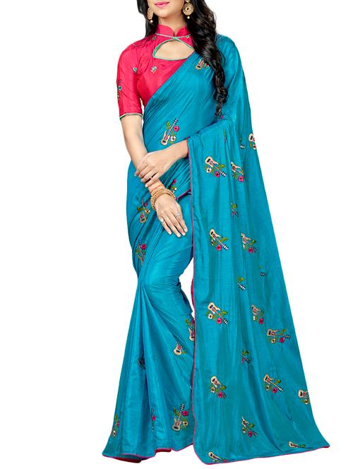 conversational blue embroidered saree with blouse - 15615601 - Very Small Image - 1